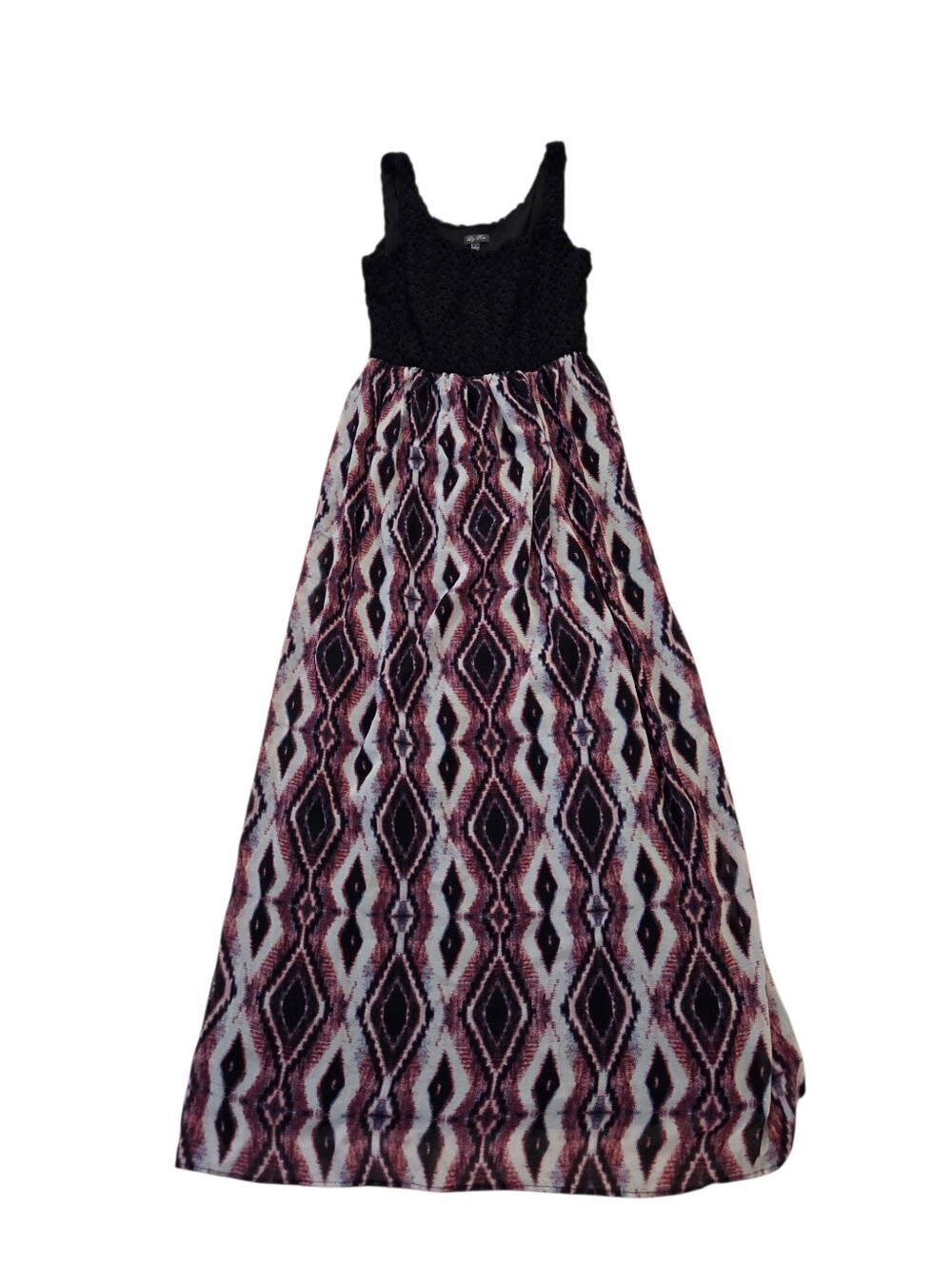 Lily Rose black embroidered and printed lined sleeveless maxi dress, L. EUC.